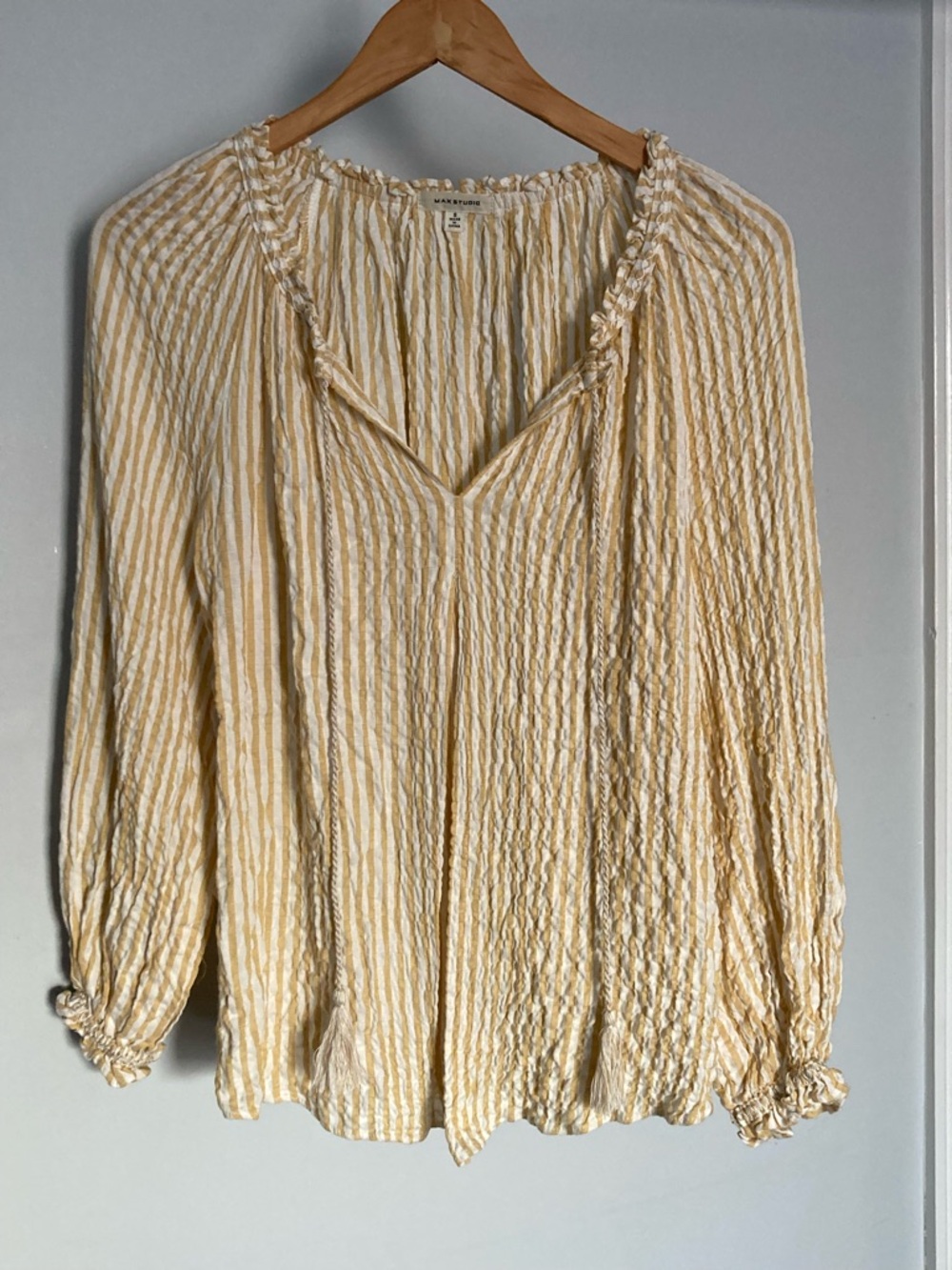 Max Studio Yellow and White Striped Crinkle Peasant Blouse